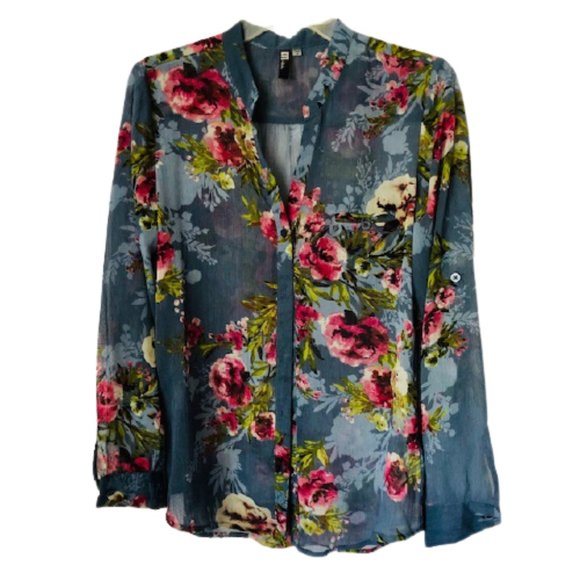 Kut from the Kloth Semi-Sheer Floral Shirt Roll Up Sleeve - Blue/Multi - S - Picture 4 of 8